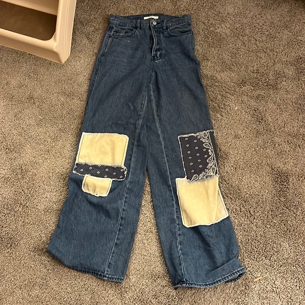 Pacsun cream and navy patched jeans